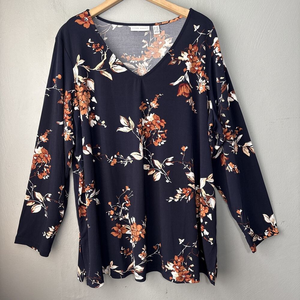 Susan Graver Top Size Plus 2XP Petite Navy Floral Liquid Knit Stretch Tunic
